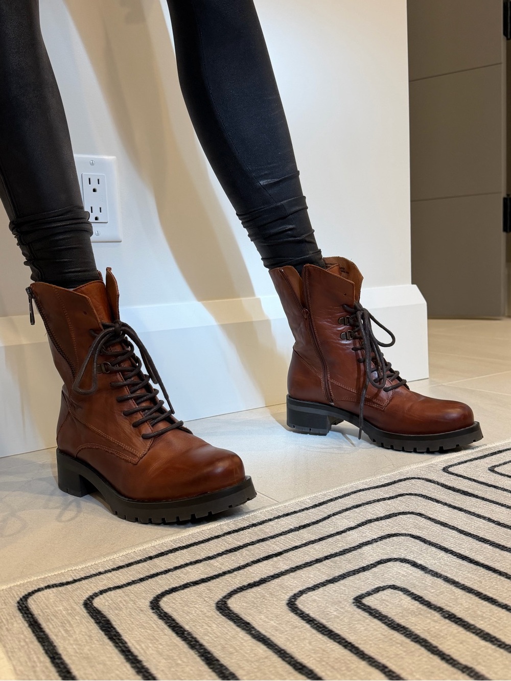 Women's Cognac Brown Leather Lace-Up Boots with Side Zip - Picture 2 of 4